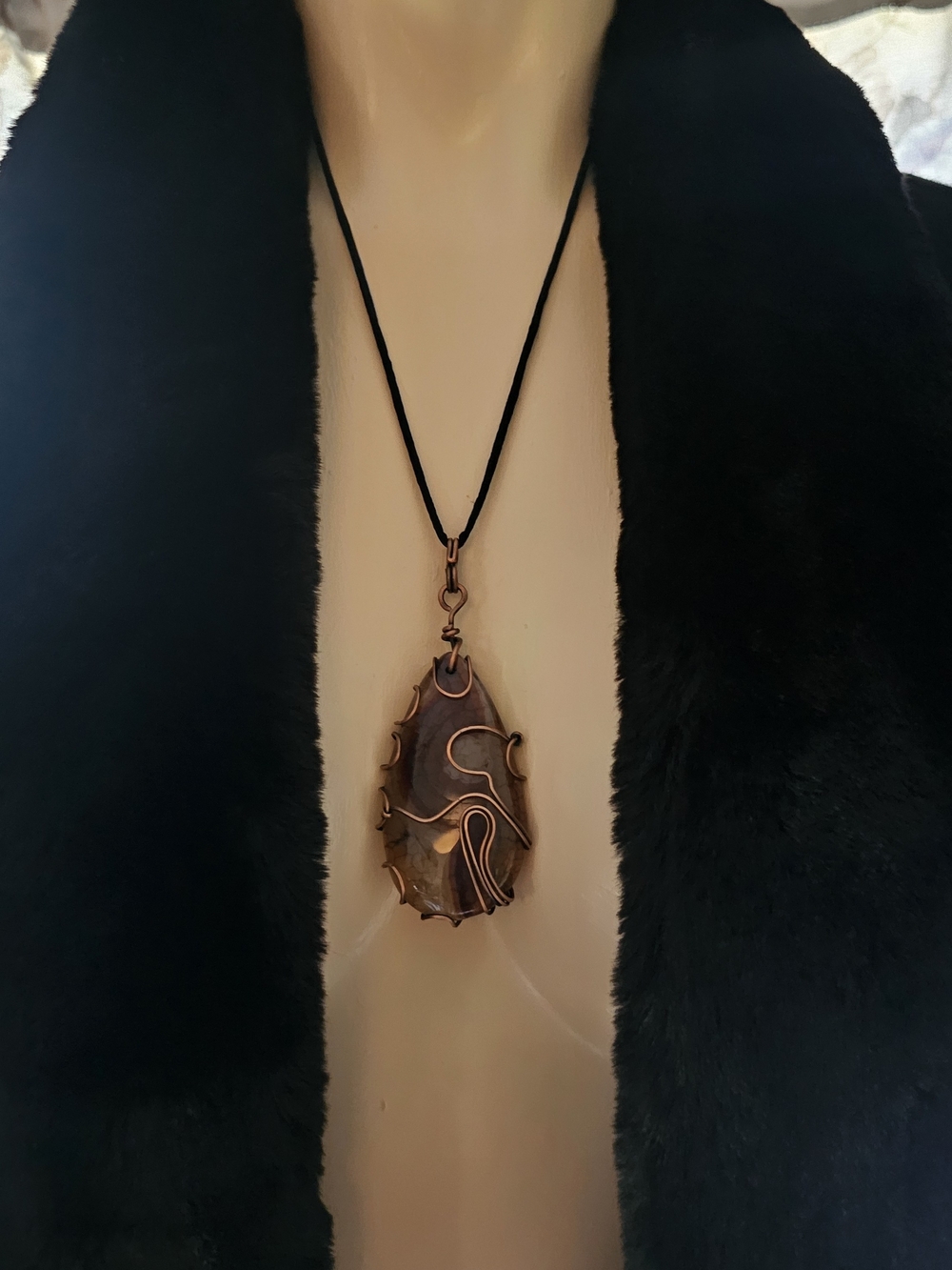 Handcrafted Brown Agate Pendant Necklace with Copper Wire Wrap(131)